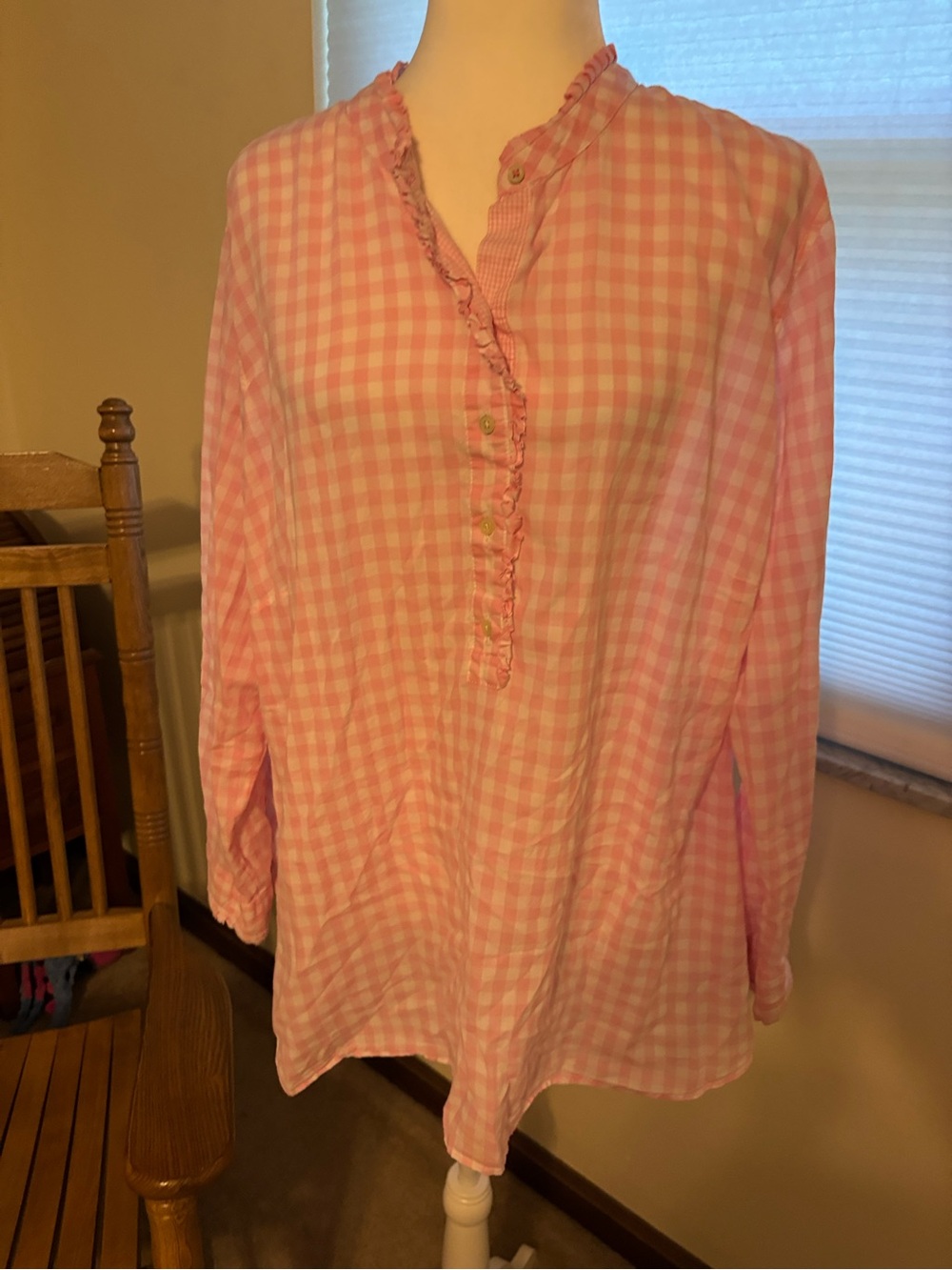 Talbots Pink Gingham Ruffle-Trim Blouse
